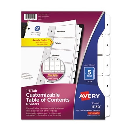 Avery Dennison Avery, CUSTOMIZABLE TOC READY INDEX BLACK AND WHITE DIVIDERS, 5-TAB, LETTER 11130